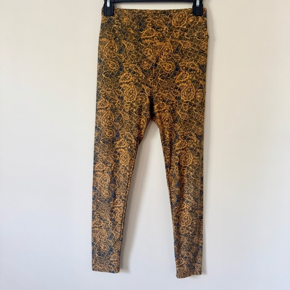 LuLaRoe Leggings Women's One Size Pull On Stretchy Orange Tan Brown Paisley Pant - Picture 1 of 3